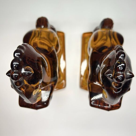 Vintage Rare L.E. Smith Amber Satin Glass Rearing Horse Bookends Pair Of 2 MCM - Picture 6 of 13